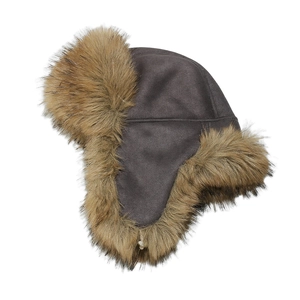 Detail of dark brown faux fur lining and suede material on a warm winter trapper hat