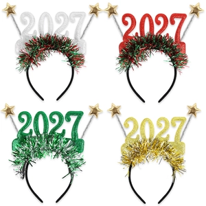 2027 New Year headband set with glitter stars and tinsel in four festive colors
