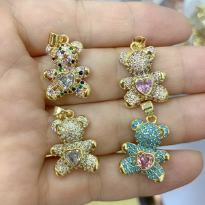 Teddy Bear Pendant 18K Gold Plated Copper Cubic Zirconia Heart Stone Turquoise DIY Jewelry Making Component Fashion