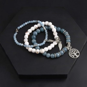 Three-piece Bohemian beaded bracelet set with Tree of Life and feather silver pendants