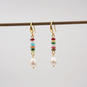 New Chinese Style Colorful Stone Freshwater Pearl Dangle Earrings Retro Handmade Copper Ear Hook Jewelry For Women