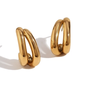 Chic 18K gold plated double layer curved earrings in minimalist stainless steel
