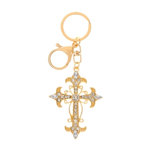 Detailed close-up of golden cross keychain with sparkling zircons and lobster clasp