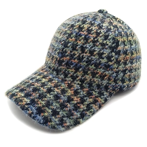 Hounds-tooth fuzzy baseball cap in multi-color mohair blend for a stylish autumn look