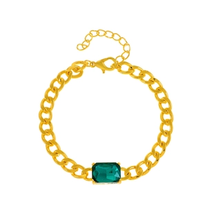 Gold chunky Cuban chain bracelet featuring a vibrant emerald-cut green zircon gemstone