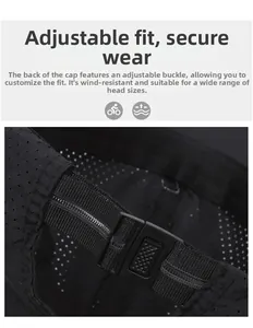 Detail of adjustable elastic buckle and breathable mesh fabric on black outdoor sport cap