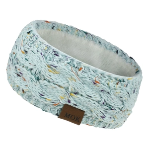 Détail d'un bandeau en maille bleu clair moucheté avec doublure en polaire blanche.