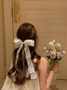 Détail d'un nœud en satin blanc avec pompons en chaîne argentée sur une coiffure élégante