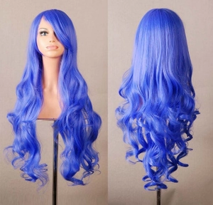 Front and back view of long wavy blue cosplay wig with side bangs on a mannequin
