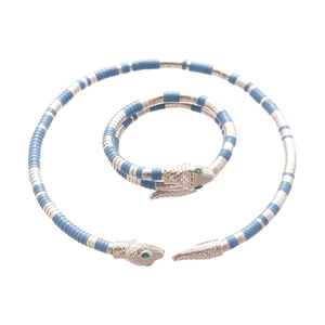 Silver snake wrap necklace and bracelet set with blue stripes and green eyes