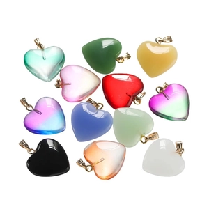 Set of 12 colorful heart-shaped natural crystal pendants with golden metal loops