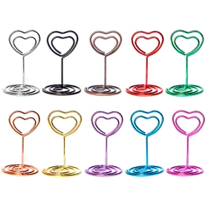 Set of 10 colorful heart-shaped metal memo holders with spiral base for desk photo display