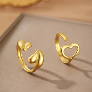 Minimalist gold heart-shaped open rings with brushed satin finish in two unique styles
