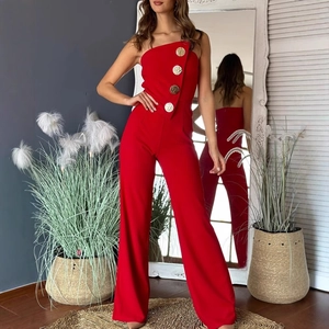 Red one-shoulder jumpsuit with gold button details and wide-leg trousers for women