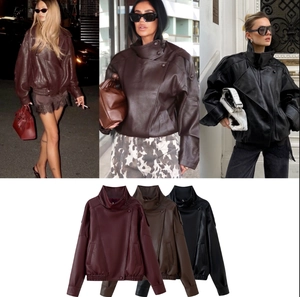 Detailed views of women's stand collar leather jackets in burgundy, brown and black colors
