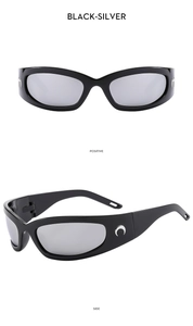 Close-up of black Y2K sunglasses featuring silver crescent moon logo on the temple