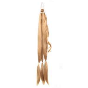 Detailed close-up of golden brown braided ponytail extension with smooth synthetic hair texture
