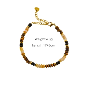 Tiger eye beaded bracelet with gold heart pendant, length 17+5cm and weight 6.8g