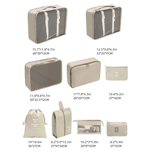 Detailed chart showing sizes for a 9-piece beige travel luggage organizer bag set
