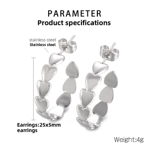 Detailed silver C-shape stainless steel earrings featuring linked heart pattern