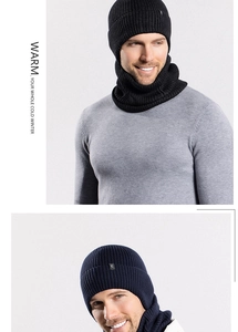 Close-up of winter knit beanie and neck warmer set with thick fleece lining