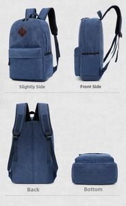 Detailed multi-angle views of blue canvas backpack with leather patch and padded straps