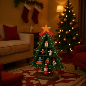 Close-up of wooden Christmas tree calendar advent with miniature figures and warm decor