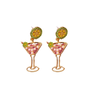 Vintage cocktail glass earrings with colorful crystals and pearls on white background