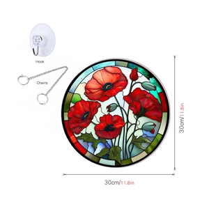 Detailed 30cm round acrylic poppy floral hanging decor with metal chains and hook