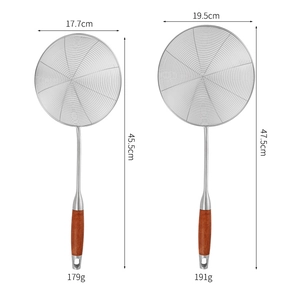 Size comparison of two stainless steel spider strainers with wooden handles and mesh baskets