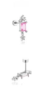 Detail of silver stud earring featuring a pink rectangle zircon and star pendant