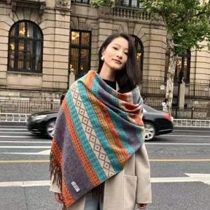 Ethnic striped cashmere-style thick scarf with tassels for winter fashion and travel wear
