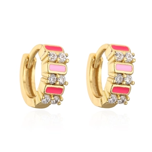 Detailed shot of gold-plated hoop earrings with pink enamel and sparkling zircon stones