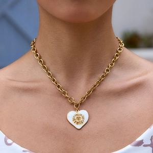 Sun Face Heart Pendant Necklace Stainless Steel Gold Plated Enamel Sun Pattern Vintage Light Luxury For Women