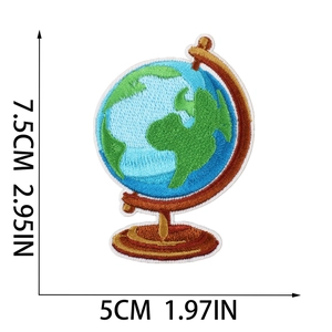 Detailed globe embroidery patch showing thread texture and dimensions 7.5cm by 5cm