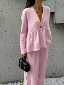 Women's pink two-piece V-neck long sleeve top and matching pants casual resort wear set