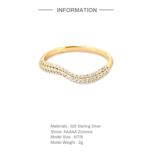 Detail of 925 sterling silver wavy ring with AAAAA zirconia and size specifications