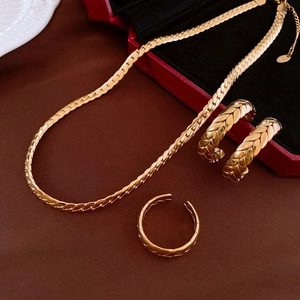 Golden woven texture jewelry set with necklace, hoop earrings and open ring in gift box