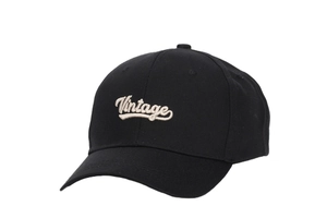 Close-up of white 3D Vintage embroidery on black cotton twill baseball cap fabric