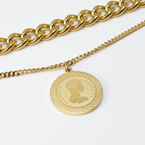 Gold 18K plated stainless steel Cuban link bracelet with Elizabeth II coin pendant
