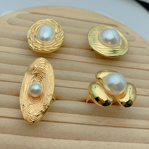 Adjustable Open Ring Copper 18K Gold Plated Faux Artificial Pearl Flower Pleated Geometric Vintage French Style For Women