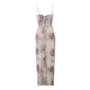 Sexy backless satin cami dress with floral leopard print and adjustable lace-up details