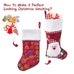 Comparison of empty and gift-filled red Christmas stockings with plush white cuffs