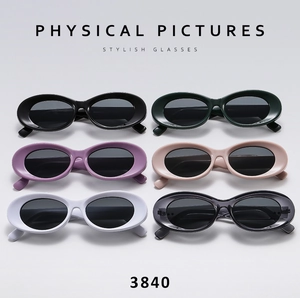 Six different colors of oval retro sunglasses with thick frames and stylish geometry