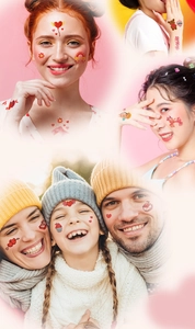 Close-up of glitter heart and flower temporary tattoos applied to the face and arms