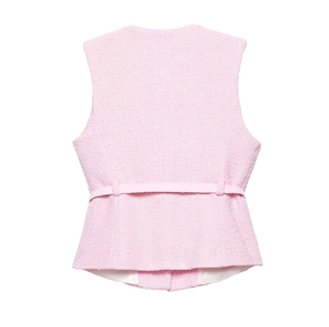 Gilet sans manches en tweed rose pour femme avec détail de ceinture au dos assorti