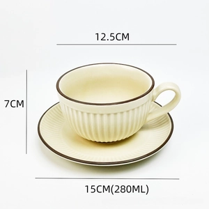 Detail view of 280ml matte ceramic coffee cup with textured vertical stripes and dimensions