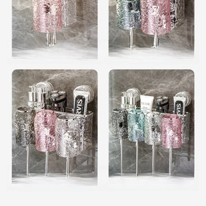 Detail showing wall-mounted toothbrush holder sets in multiple glacier texture cup capacities