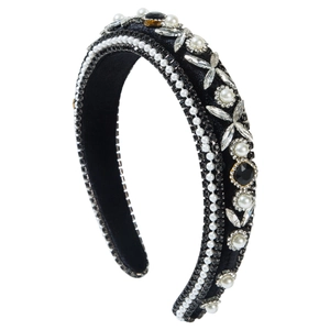 Serre-tête baroque large en velours avec perles artisanales, strass et pierres noires