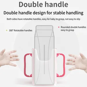 Pink toddler milk box holder with dual 180-degree rotating handles for easy grip
